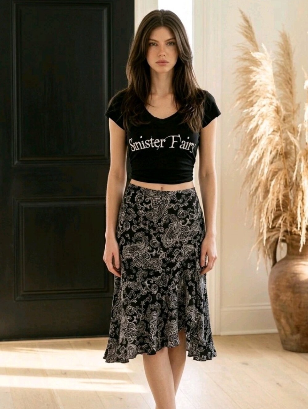 Chaps Black White Paisley Skirt Ruffle Asymmetric Hem Fairy Whimsigoth Size 10